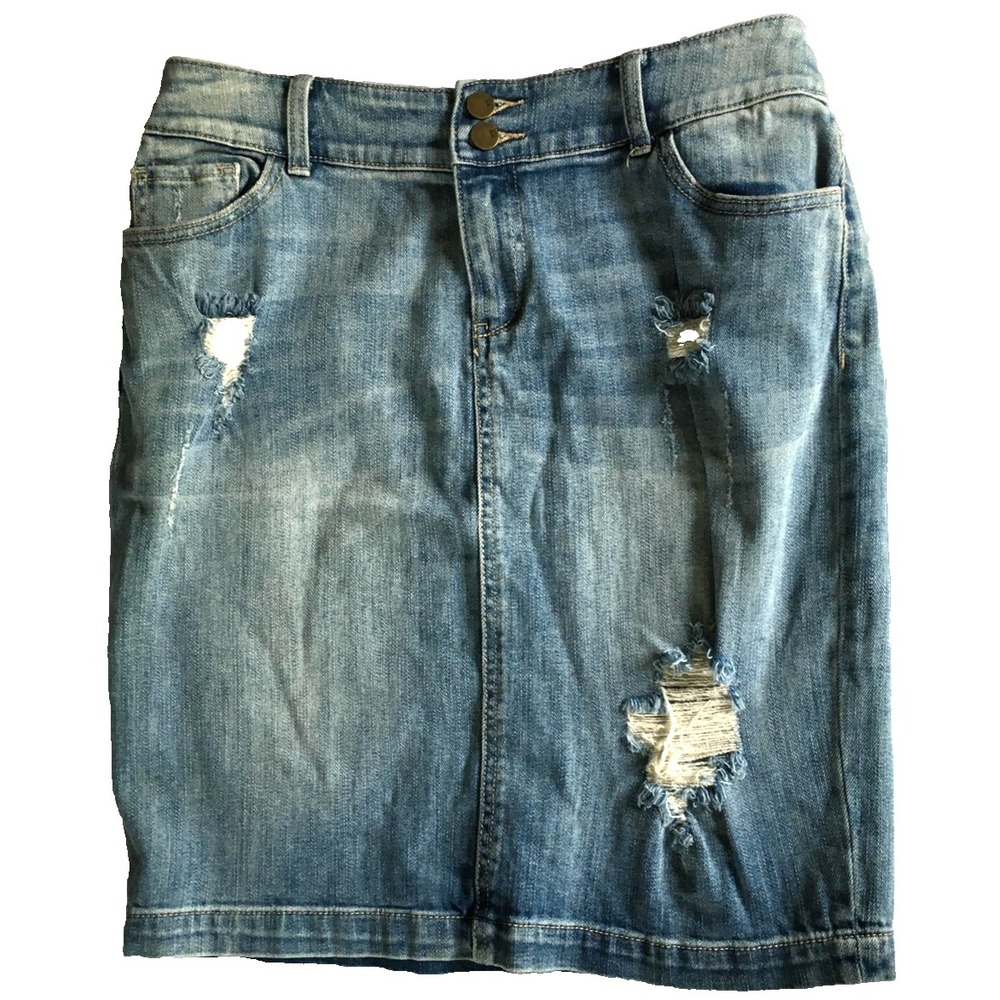 New York & Company Denim Skirt Women 10 Light Wash Distressed Ripped Stretch NWT
